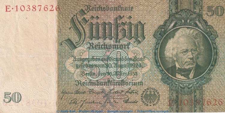 Reichsbanknote , 50 Mark Schein -X2- in gbr. DEU-210.b, Ros.175, P.182 , vom 30.03.1933 , deutsches Reich - Reichsbank