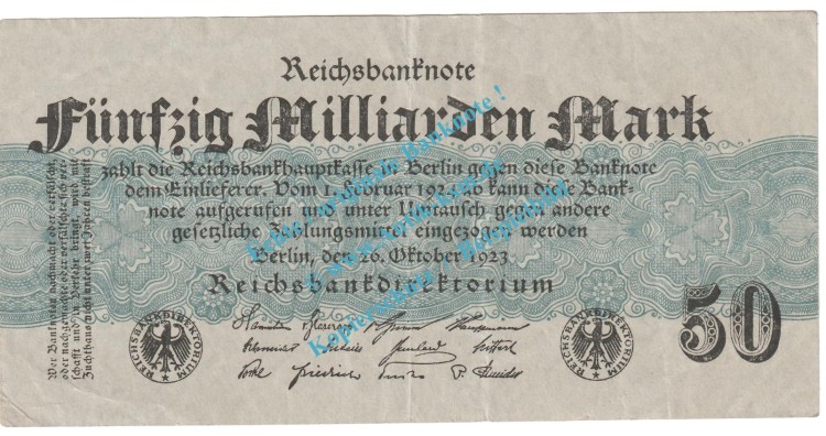 Reichsbanknote , 50 Milliarden Mark -grau- in gbr. DEU-148.b, Ros.122, P.125 , Weimarer Republik 1923 Inflation