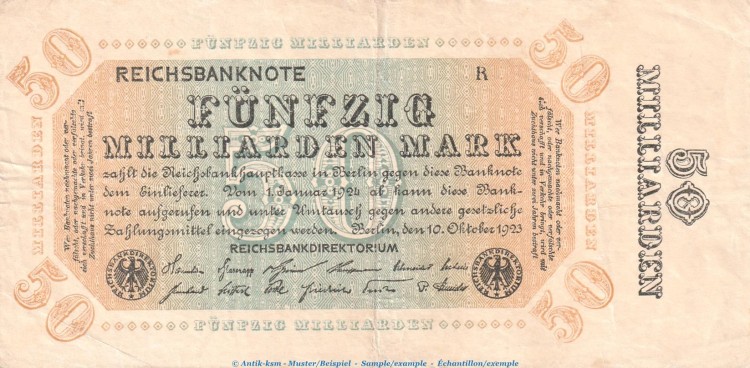 Reichsbanknote , 50 Milliarden Mark Schein in gbr. DEU-140.c, Ros.116, P.119 , vom 10.10.1923 , Wemarer Republik - Inflation