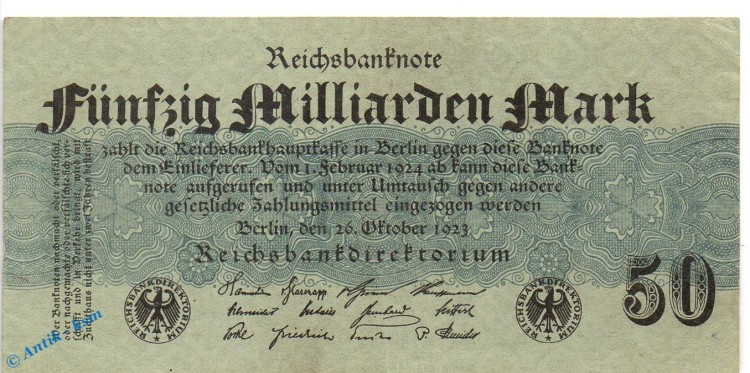 Reichsbanknote , 50 Milliarden Mark Schein in l-gbr. DEU-147 , Rosenberg 122 , P 125 , vom 26.10.1923 , Nachkriegszeit und Inflation