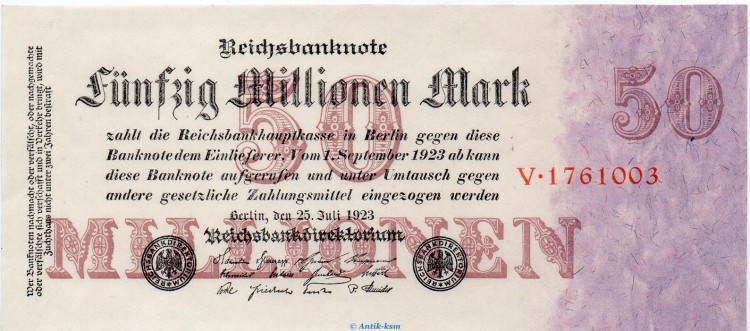 Reichsbanknote , 50 Millionen Mark Schein in kfr. DEU-109.a, Ros.97, P.98, vom 25.07.1923 , Inflation