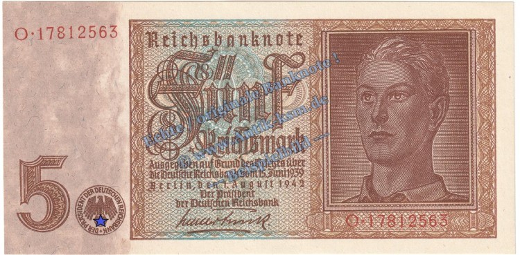 Reichsbanknote , 5 Mark Schein , DEU-220 b , Rosenberg 179 , P 186 , vom 01.08.1942 , Reichbank drittes Reich