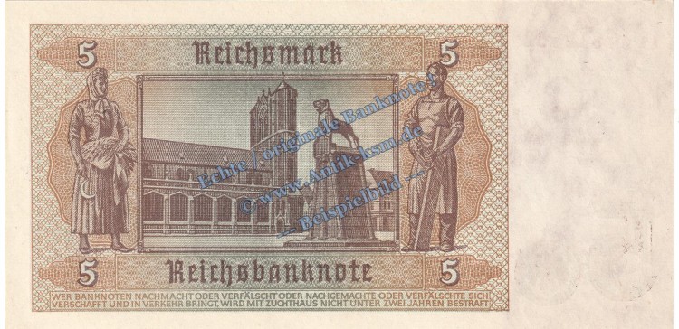 Reichsbanknote , 5 Mark Schein , DEU-220 b , Rosenberg 179 , P 186 , vom 01.08.1942 , Reichbank drittes Reich