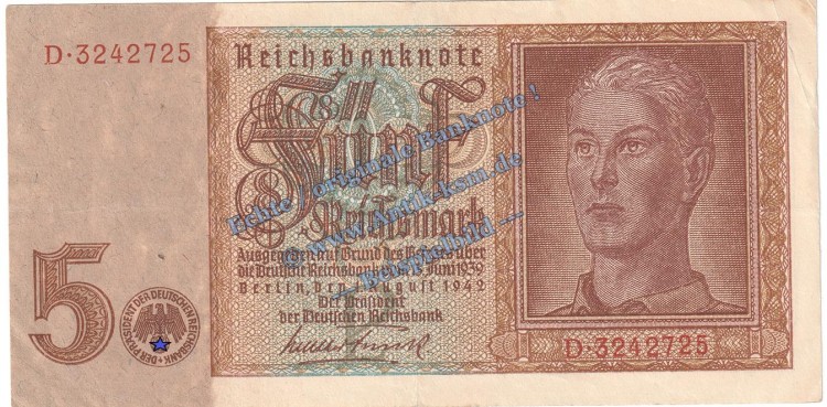 Reichsbanknote , 5 Mark Schein in gbr. DEU-220.a, Ros.179, P.186 , vom 01.08.1942 , 3. Reich - Reichsbank