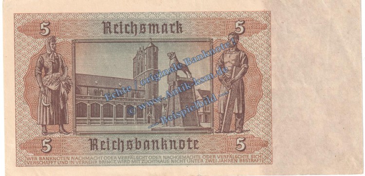 Reichsbanknote , 5 Mark Schein in gbr. DEU-220.a, Ros.179, P.186 , vom 01.08.1942 , 3. Reich - Reichsbank