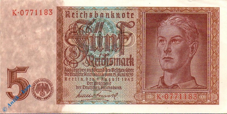 Reichsbanknote , 5 Mark Schein Kn 7-stellig , DEU-220 a , Rosenberg 179 , P 186 , 01.08.1942 , Drittes Reich