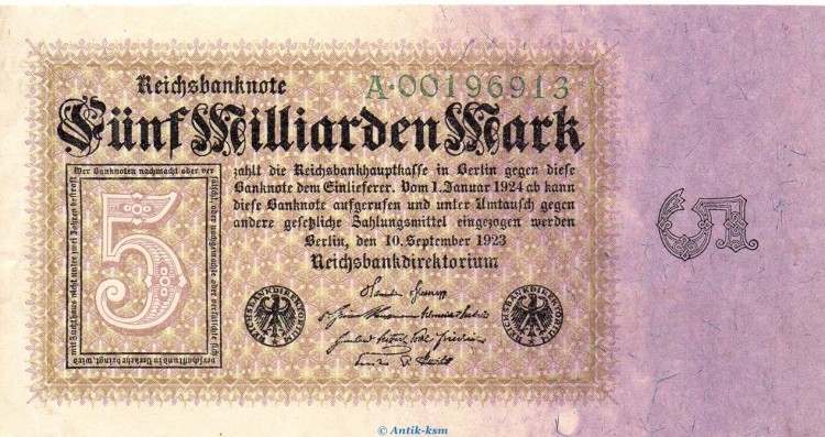 Reichsbanknote , 5 Milliarden Mark in gbr. DEU-132.a, Ros.112, P.115 vom 10.09.1923 , Weimarer Republik - Inflation