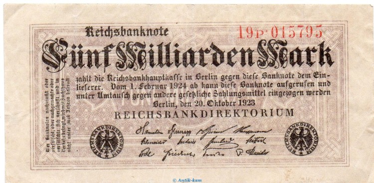 Reichsbanknote , 5 Milliarden Mark Schein in gbr. DEU-145.d, Ros.120, P.123 , vom 20.10.1923 , Weimarer Republik - Inflation