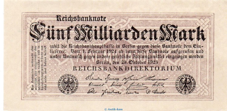 Reichsbanknote , 5 Milliarden Mark Schein in kfr. DEU-145.f, Ros.120, P.123 , vom 20.10.1923 , Weimarer Republik - Inflation