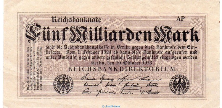 Reichsbanknote , 5 Milliarden Mark Schein in l-gbr. DEU-145.e, Ros.120, P.123 , vom 20.10.1923 , Weimarer Republik - Inflation