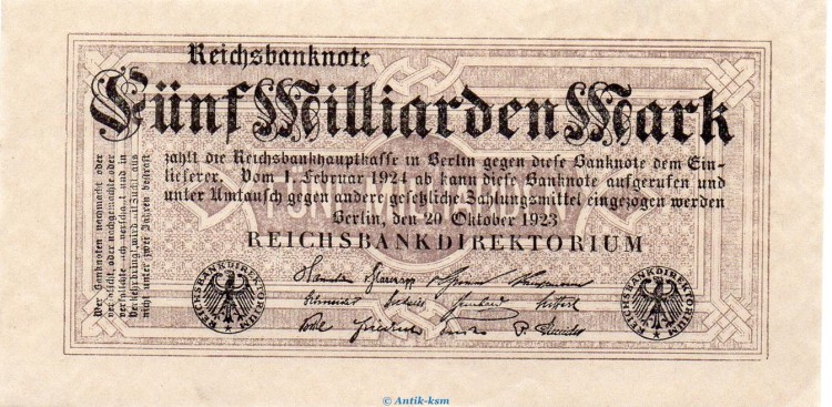 Reichsbanknote , 5 Milliarden Mark Schein in L-gbr. DEU-145.f, Ros.120, P.123 , vom 20.10.1923 , Weimarer Republik - Inflation
