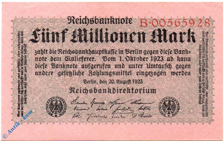Reichsbanknote , 5 Million Mark Schein , Reichsdruck , DEU-117 a , Rosenberg 104 , P 105 , vom 20.08.1923 , Weimarer Republik