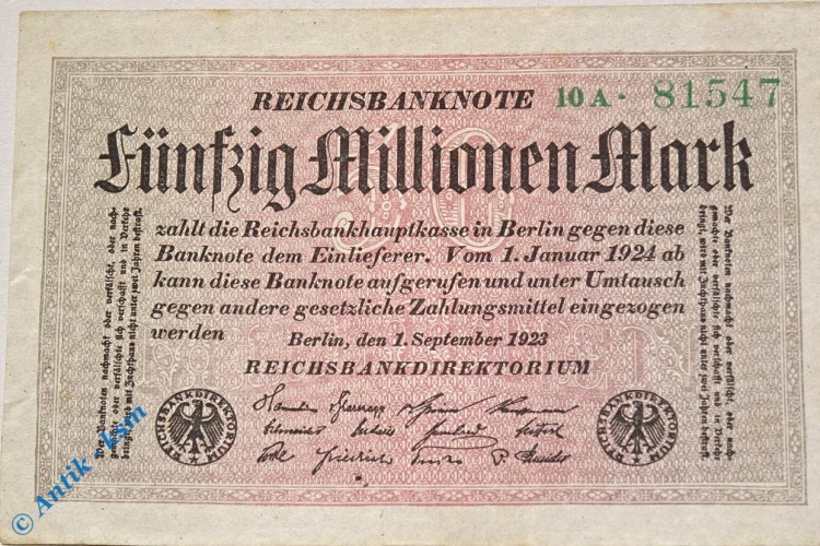 Reichsbanknote über 50 Millionen Mark , Rosenberg 108 A , Kennummer 5-stellig , Banknote vom 01.09.1923