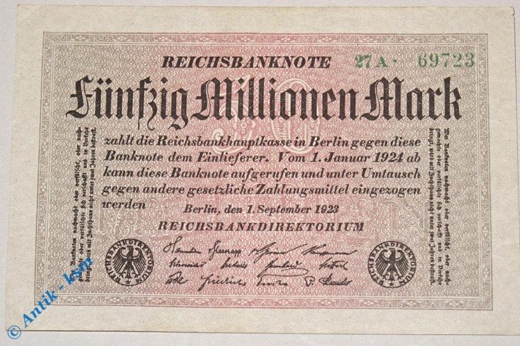 Reichsbanknote über 50 Millionen Mark , Rosenberg 108 A , Kennummer 5-stellig , fast kfr. Banknote vom 01.09.1923