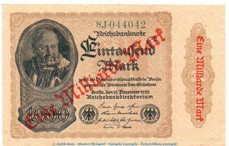 Reichsbanknote , Überdruck 1 Milliarde Mark Schein in gbr. DEU-127.a, Ros.110, P.113 , von 1922-23 , Weimarer Republik - Inflation