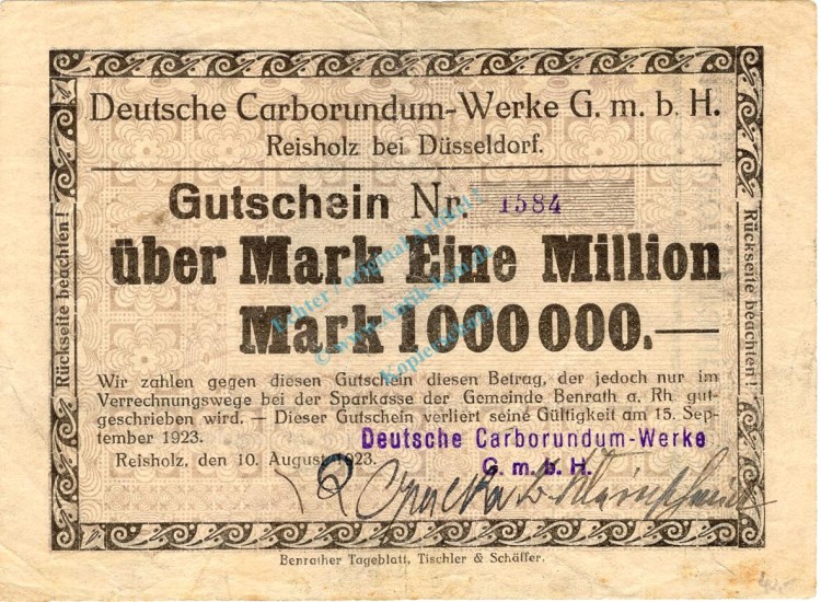 Reisholz , Banknote 1 Million Mark Schein gbr. Keller 4506.a , Rheinland 1923 Inflation