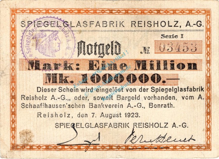 Reisholz , Banknote 1 Million Mark Schein gbr. Keller 4510.a , Rheinland 1923 Inflation