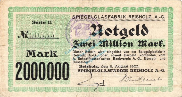 Reisholz , Banknote 2 Millionen Mark Schein gbr-. Keller 4510.b , Rheinland 1923 Inflation