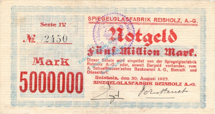 Reisholz , Banknote 5 Millionen Mark Schein gbr. Keller 4510.c , Rheinland 1923 Inflation