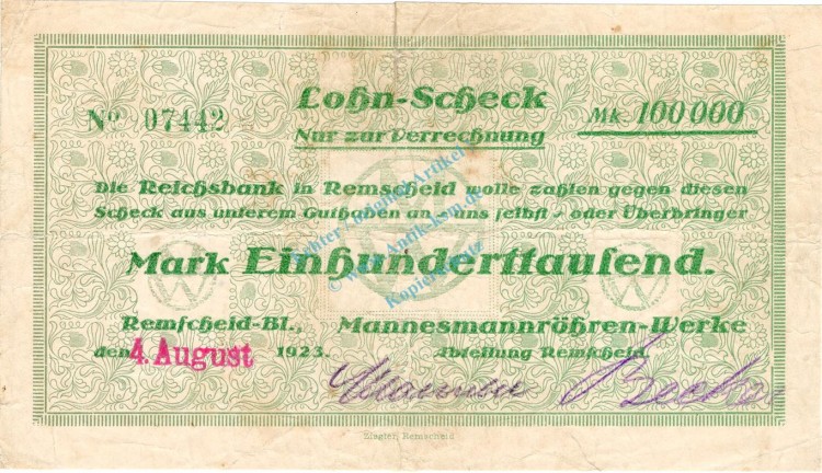 Remscheid , Banknote 100.000 Mark Scheck gbr-. Keller 4533.b , Rheinland 1923 Inflation