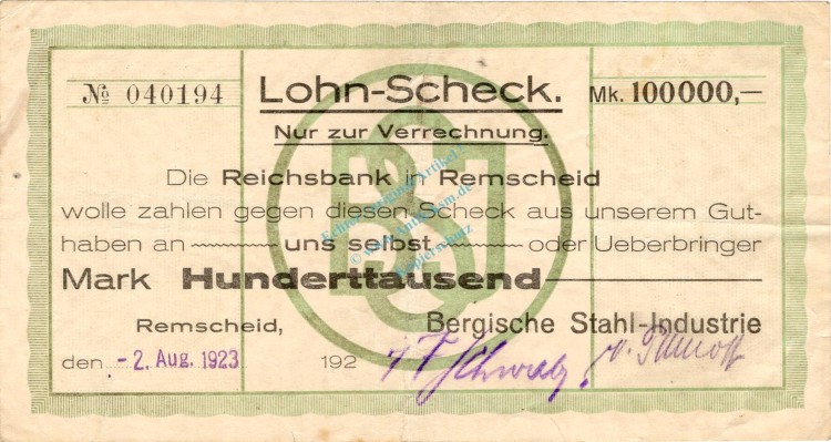 Remscheid , Banknote 100.000 Mark Scheck gbr. Keller 4520.i , Rheinland 1923 Inflation
