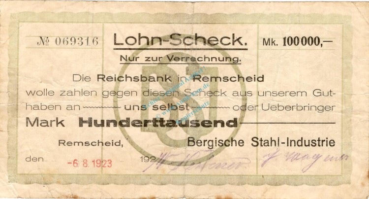 Remscheid , Banknote 100.000 Mark Scheck gbr. Keller 4520.k , Rheinland 1923 Inflation