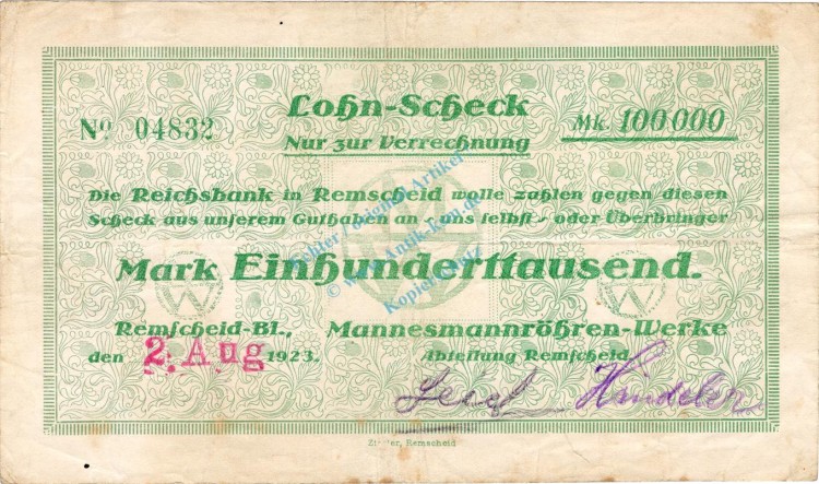 Remscheid , Banknote 100.000 Mark Scheck gbr. Keller 4533.a , Rheinland 1923 Inflation
