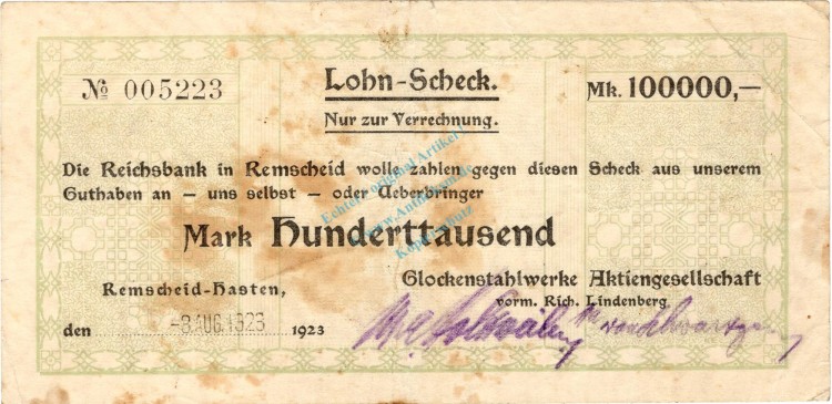 Remscheid , Banknote 100.000 Mark Scheck gbr. Keller 4535.... Rheinland 1923 Inflation