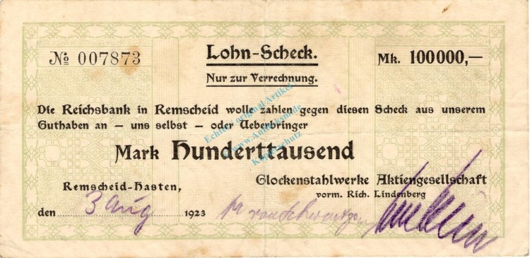 Remscheid , Banknote 100.000 Mark Scheck gbr. Keller 4535... Rheinland 1923 Inflation