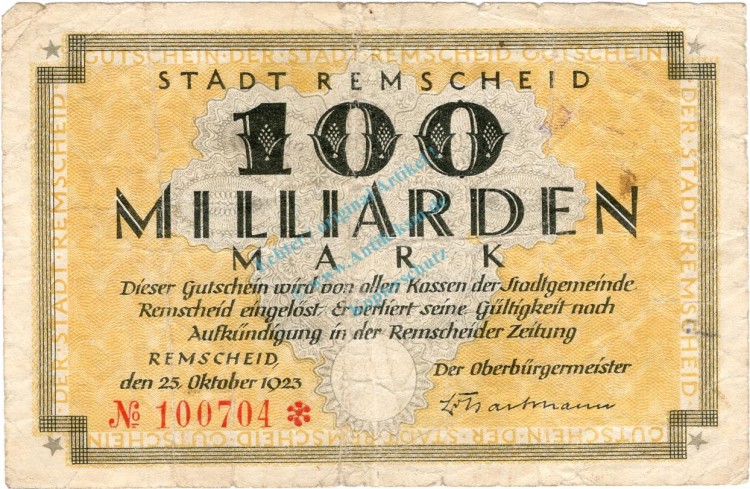 Remscheid , Banknote 100 Milliarden Mark Schein gbr-. Keller 4515.h , Rheinland 1923 Inflation
