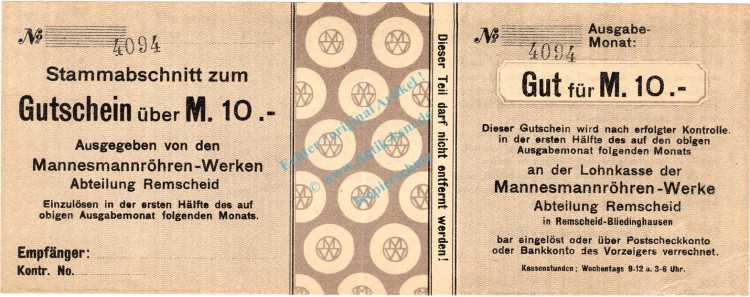 Remscheid , Banknote 10 Mark Schein L-gbr.E Geiger 445.02 , Rheinland o.D. Grossnotgeld