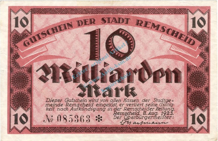 Remscheid , Banknote 10 Milliarden Mark Schein L-gbr. Keller 4515.f , Rheinland 1923 Inflation