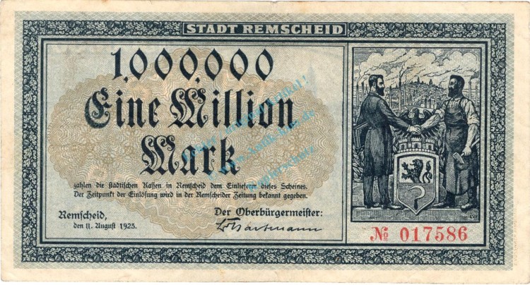 Remscheid , Banknote 1 Million Mark Schein gbr. Keller 4515.b , Rheinland 1923 Inflation