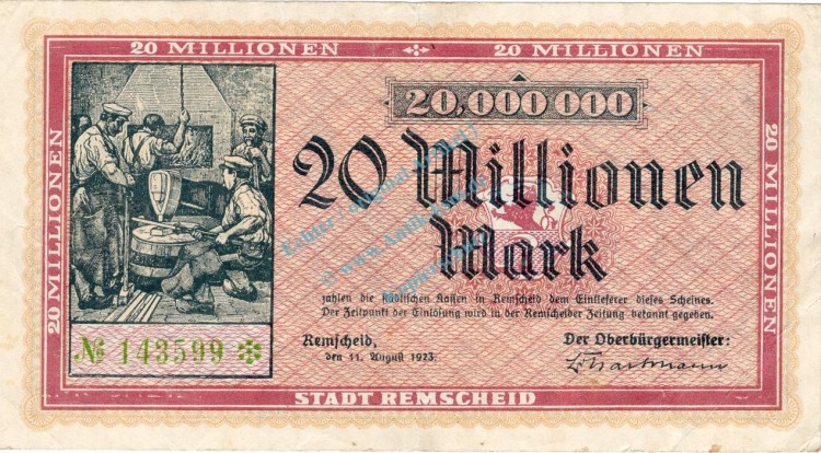 Remscheid , Banknote 20 Millionen Mark Schein gbr. Keller 4515.c , Rheinland 1923 Inflation