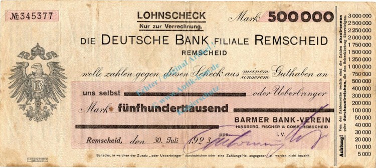 Remscheid , Banknote 500.000 Mark Scheck gbr. Keller 4518.e , Rheinland 1923 Inflation