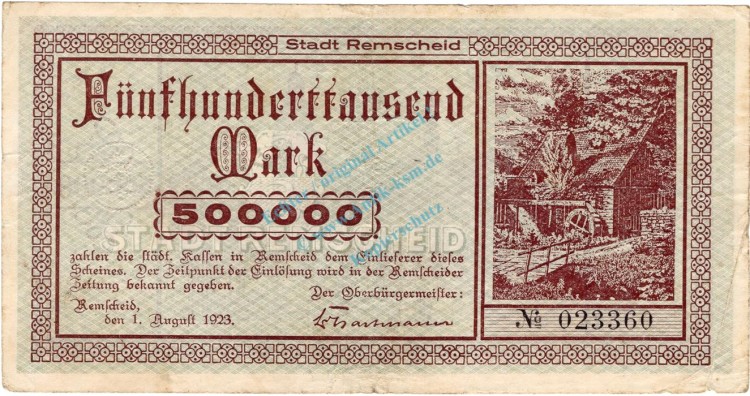Remscheid , Banknote 500.000 Mark Schein gbr. Keller 4515.a , Rheinland 1923 Inflation