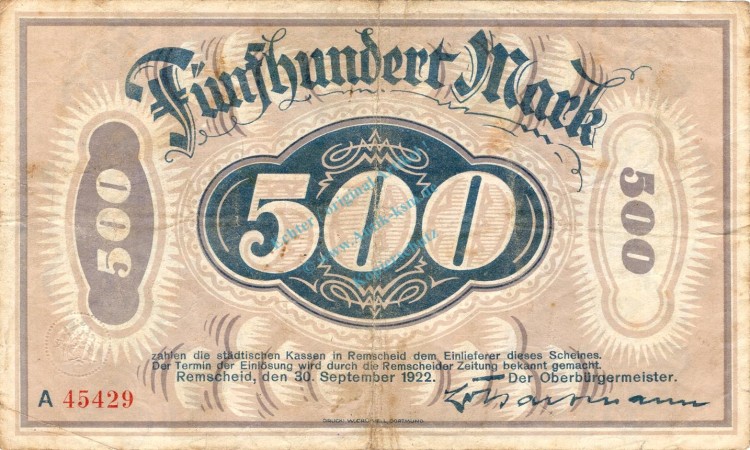 Remscheid , Banknote 500 Mark Schein gbr. Müller 3705.1 , Rheinland 1922 Inflation