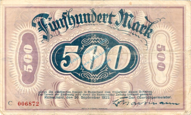 Remscheid , Banknote 500 Mark Schein gbr. Müller 3705.2 , Rheinland 1922 Inflation