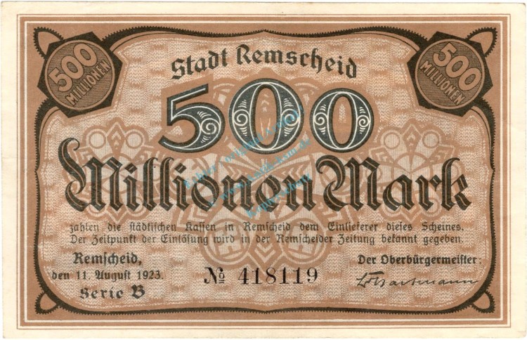 Remscheid , Banknote 500 Millionen Mark Schein F-kfr. Keller 4515.d , Rheinland 1923 Inflation