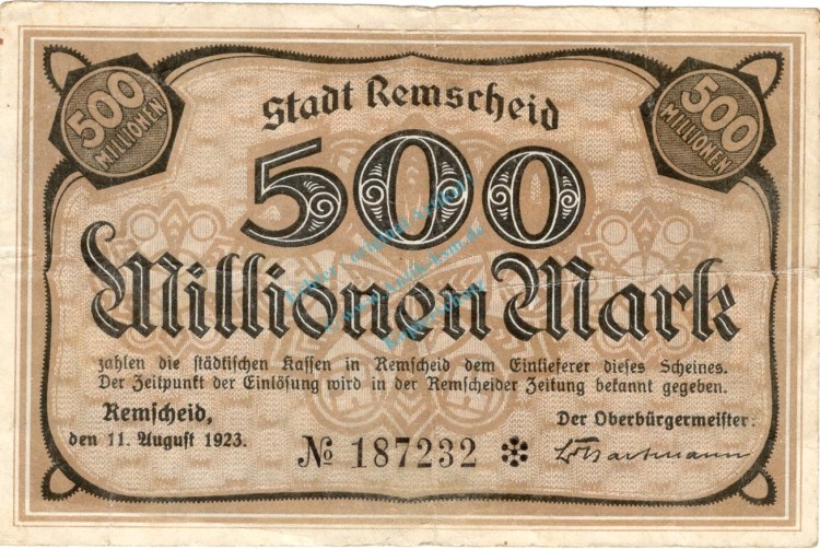 Remscheid , Banknote 500 Millionen Mark Schein gbr. Keller 4515.c , Rheinland 1923 Inflation