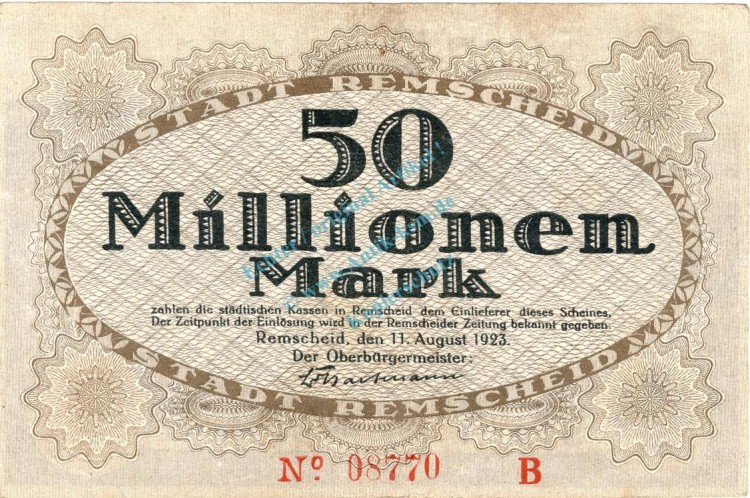 Remscheid , Banknote 50 Millionen Mark Schein gbr. Keller 4515.c-d , Rheinland 1923 Inflation