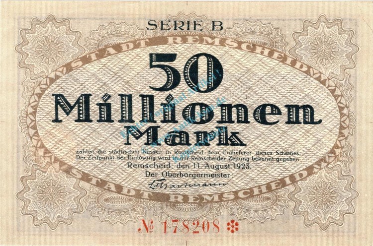Remscheid , Banknote 50 Millionen Mark Schein unc-kfr. Keller 4515.d , Rheinland 1923 Inflation