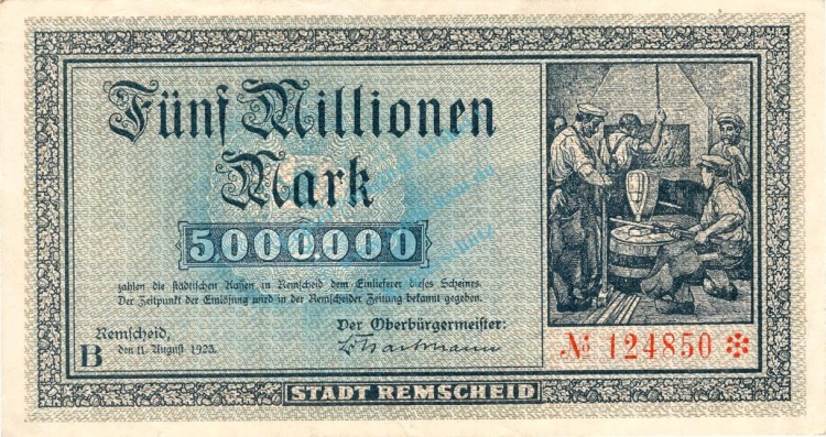 Remscheid , Banknote 5 Millionen Mark Schein gbr. Keller 4515.c , Rheinland 1923 Inflation