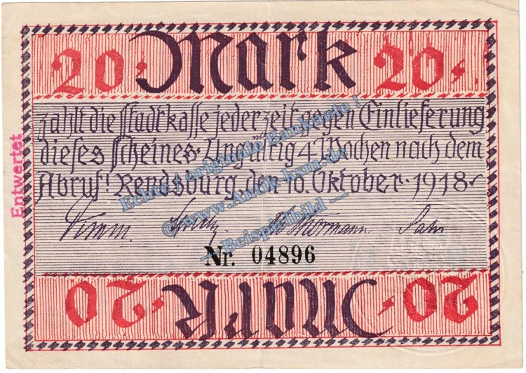 Rendsburg , Banknote 20 Mark Schein in gbr.E , Geiger 447.03 , Schleswig 1918 Grossnotgeld