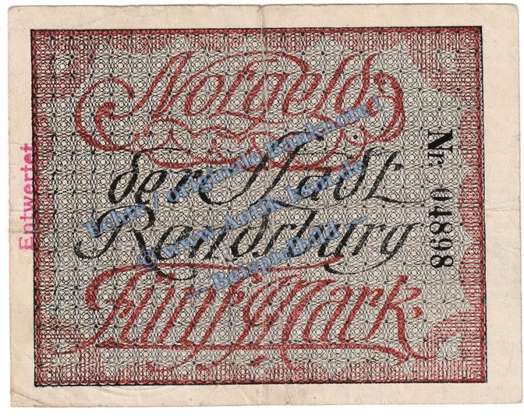 Rendsburg , Banknote 5 Mark Schein in gbr.E , Geiger 447.01 , Schleswig 1918 Grossnotgeld