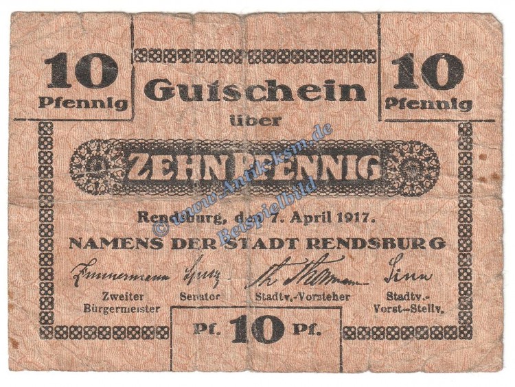 Rendsburg , Notgeld 10 Pfennig Schein in gbr. Tieste 6025.05.01 , Schleswig Holstein 1917 Verkehrsausgabe