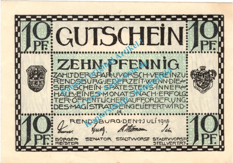 Rendsburg , Notgeld 10 Pfennig Schein in kfr. Tieste 6025.05.15 , Schleswig Holstein 1918 Verkehrsausgabe