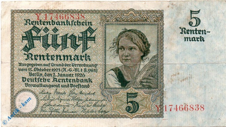 Rentenbankschein , 5 Mark Banknote gbr , DEU-209 b , Rosenberg 164 , P 169 , vom 02.01.1926 , Weimarer Republik