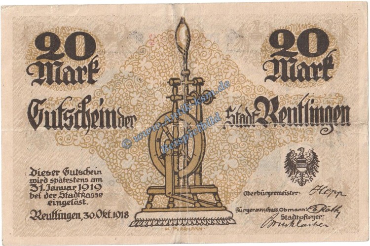 Reutlingen , Banknote 20 Mark Schein in gbr.E , Geiger 448.01 , Württemberg 1918 Grossnotgeld