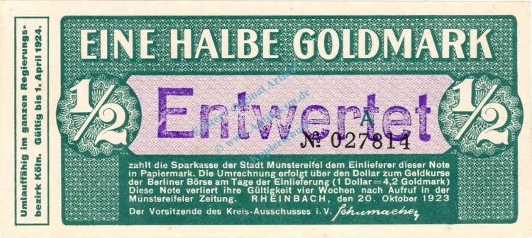 Rheinbach , Banknote 1 halbe Gold Mark Schein unc-kfr.E Müller 4195.1 , Rheinland 1923 Wertbeständig